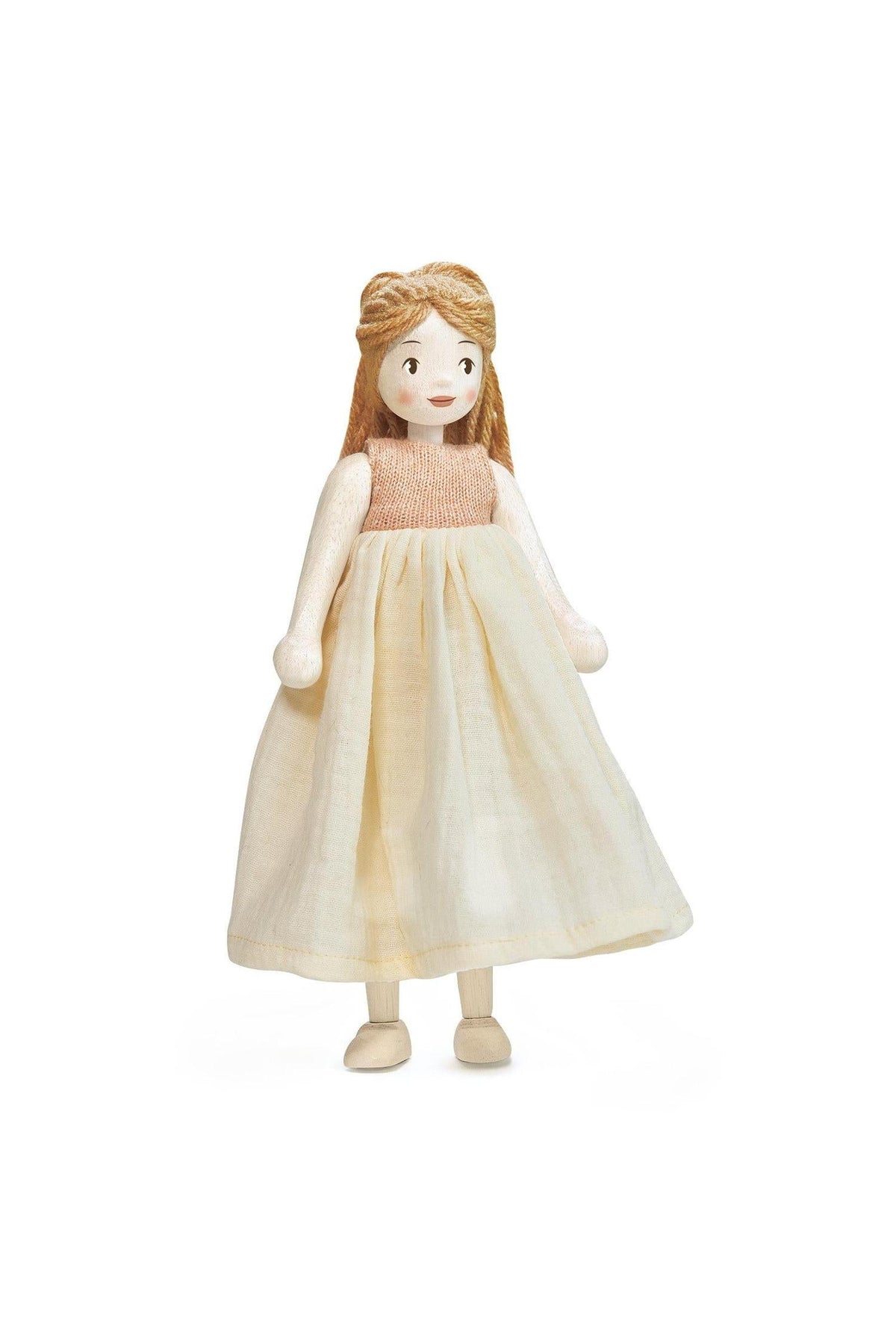 A handcrafted wooden doll with blonde hair and a light cream dress stands against a white background. Made from sustainable rubber wood, this eco-friendly toy is designed for lasting play.