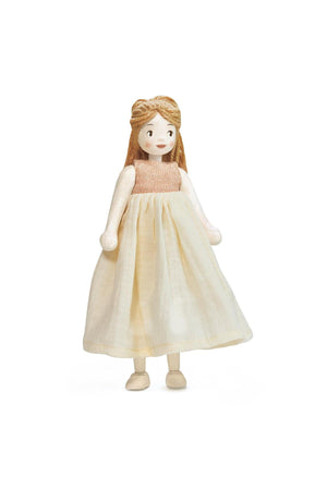 A handcrafted wooden doll with blonde hair and a light cream dress stands against a white background. Made from sustainable rubber wood, this eco-friendly toy is designed for lasting play.