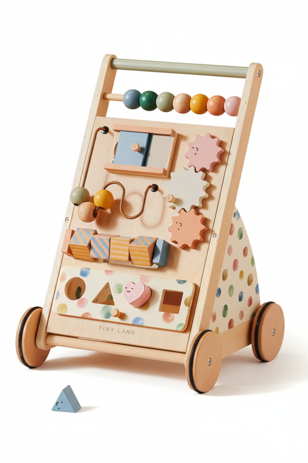 A wooden baby walker from Tiny Land features colorful, engaging shapes and beads for interactive play. It has a sturdy design, ideal for toddlers developing motor skills and confidence.