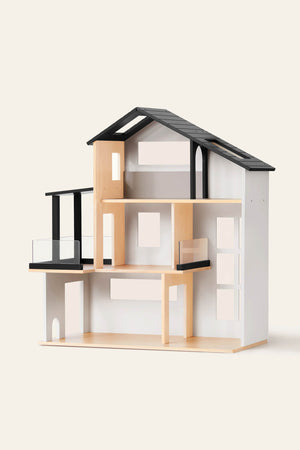 A modern wooden dollhouse featuring a sleek black roof and natural wood accents, designed with multiple rooms and large windows for imaginative play. Ideal for inspiring creativity in children.
