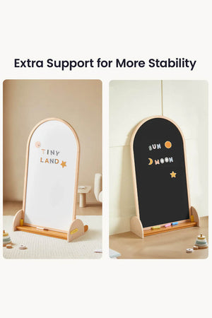 A double-sided arched chalkboard features a magnetic whiteboard on one side and a chalkboard on the other, set in a bright room with wooden accents, ideal for creative play.