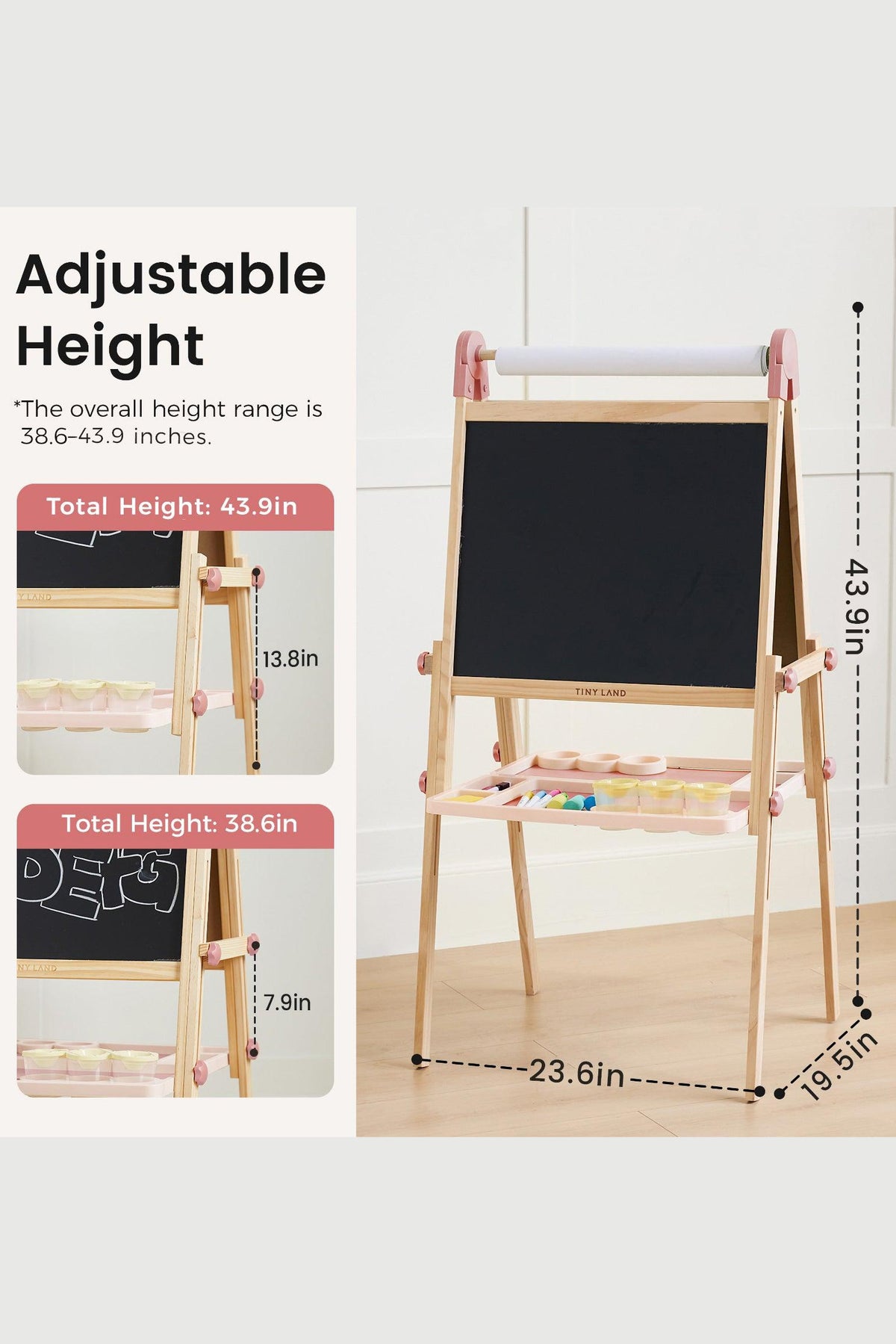 A wooden, adjustable art easel features a chalkboard, magnetic whiteboard, and a paper roll holder. The height ranges from 38.6 to 43.9 inches, designed for kids creative exploration.