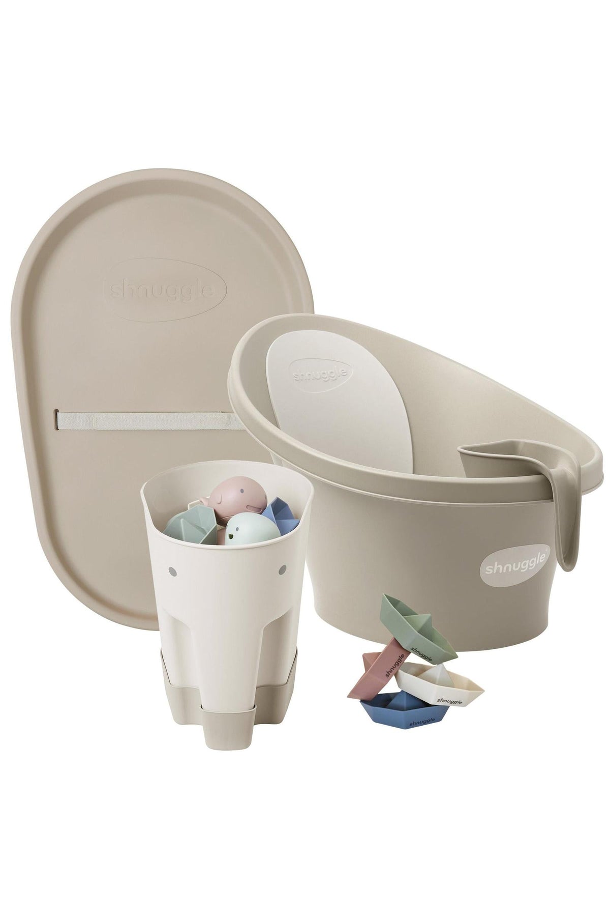Shnuggle bathtime essentials bundle in taupe, featuring a baby bath, rinse jug, changing mat, and toy boats.