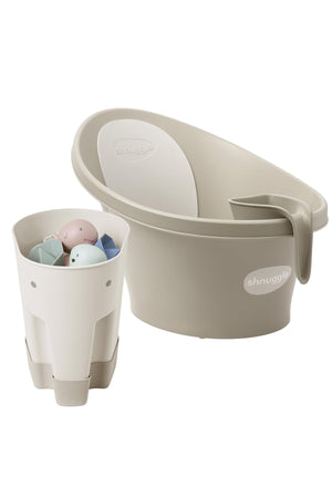 Baby Bathtime Essentials Bundle | Newborn Baby Bath with Support, Rinse Jug, and Toy Scoop - Taupe