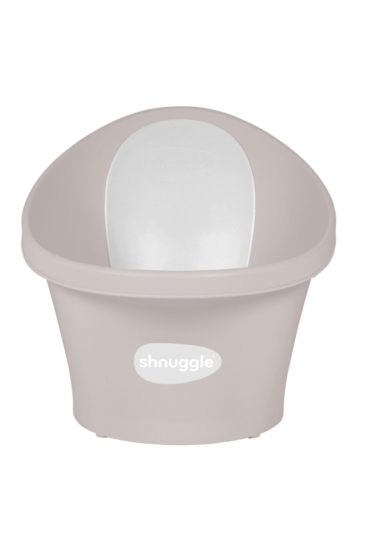 Beige Shnuggle Baby Bath with a white interior support, designed for newborns, featuring a compact and ergonomic shape.