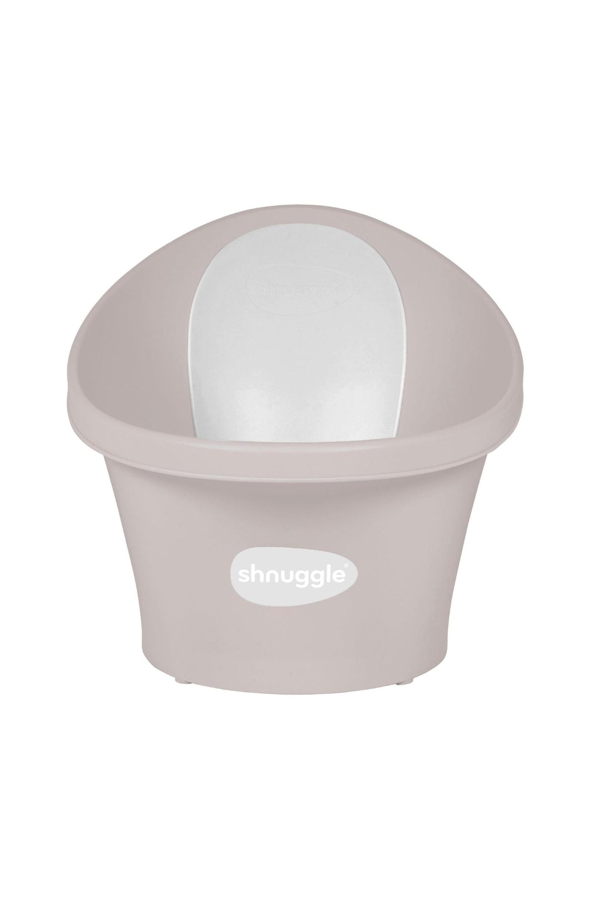 Shnuggle baby bath in taupe with a white backrest, featuring a sleek, ergonomic design for newborns.