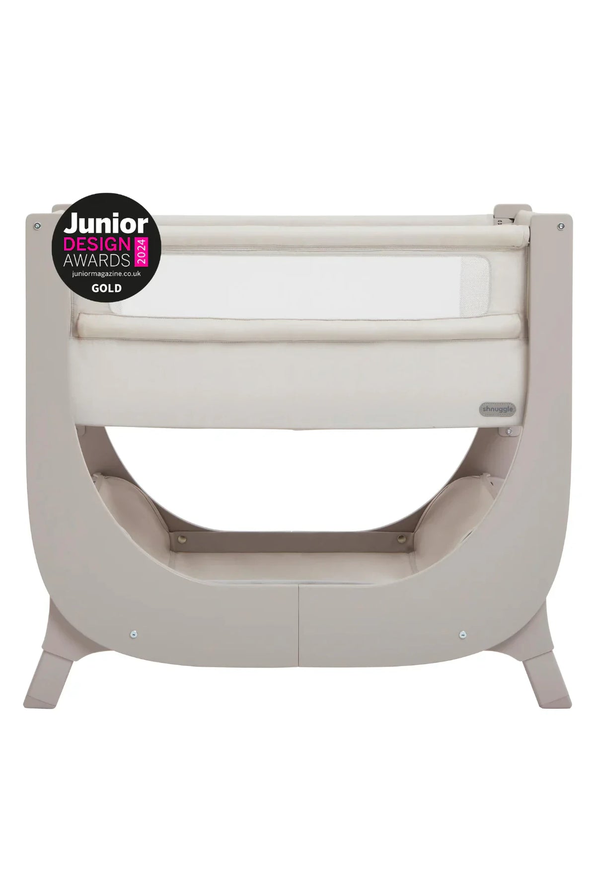 A Shnuggle Air Lite Bedside Bassinet features a sleek, curved design in soft taupe with a breathable mesh side. It is height-adjustable, designed for infant safety and comfort.