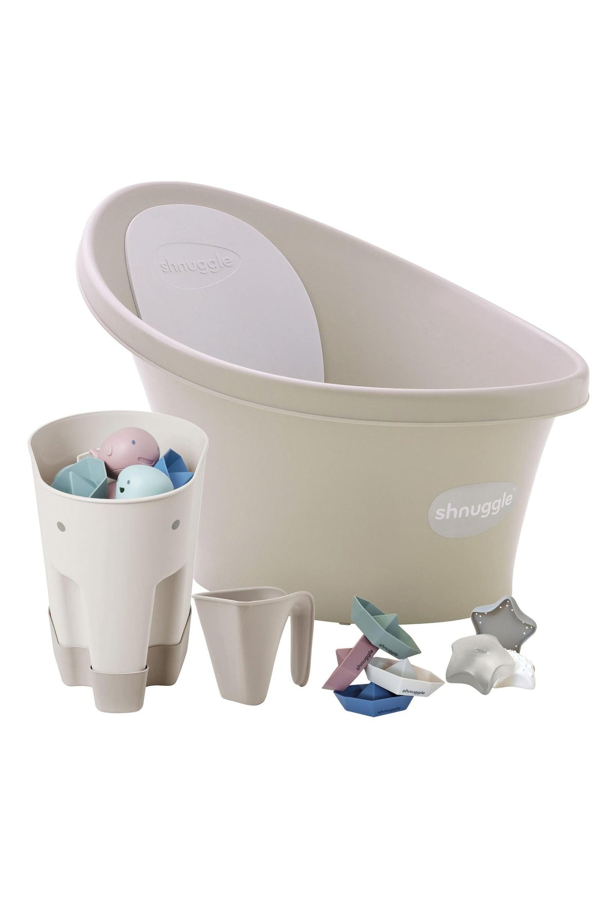 Shnuggle baby bath set includes a beige tub, white storage caddy, jug, and colorful bath toys.