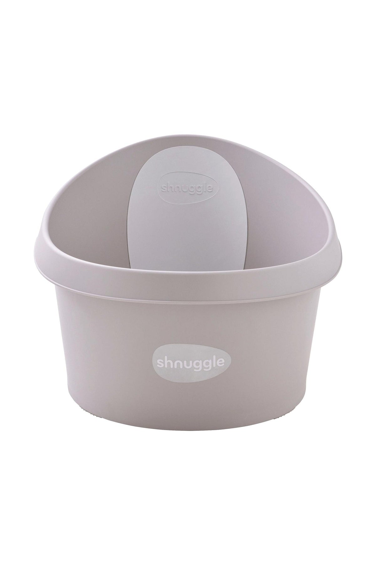 Shnuggle Toddler Bath Tub in light grey, featuring a supportive backrest and minimalist design, ideal for toddlers.