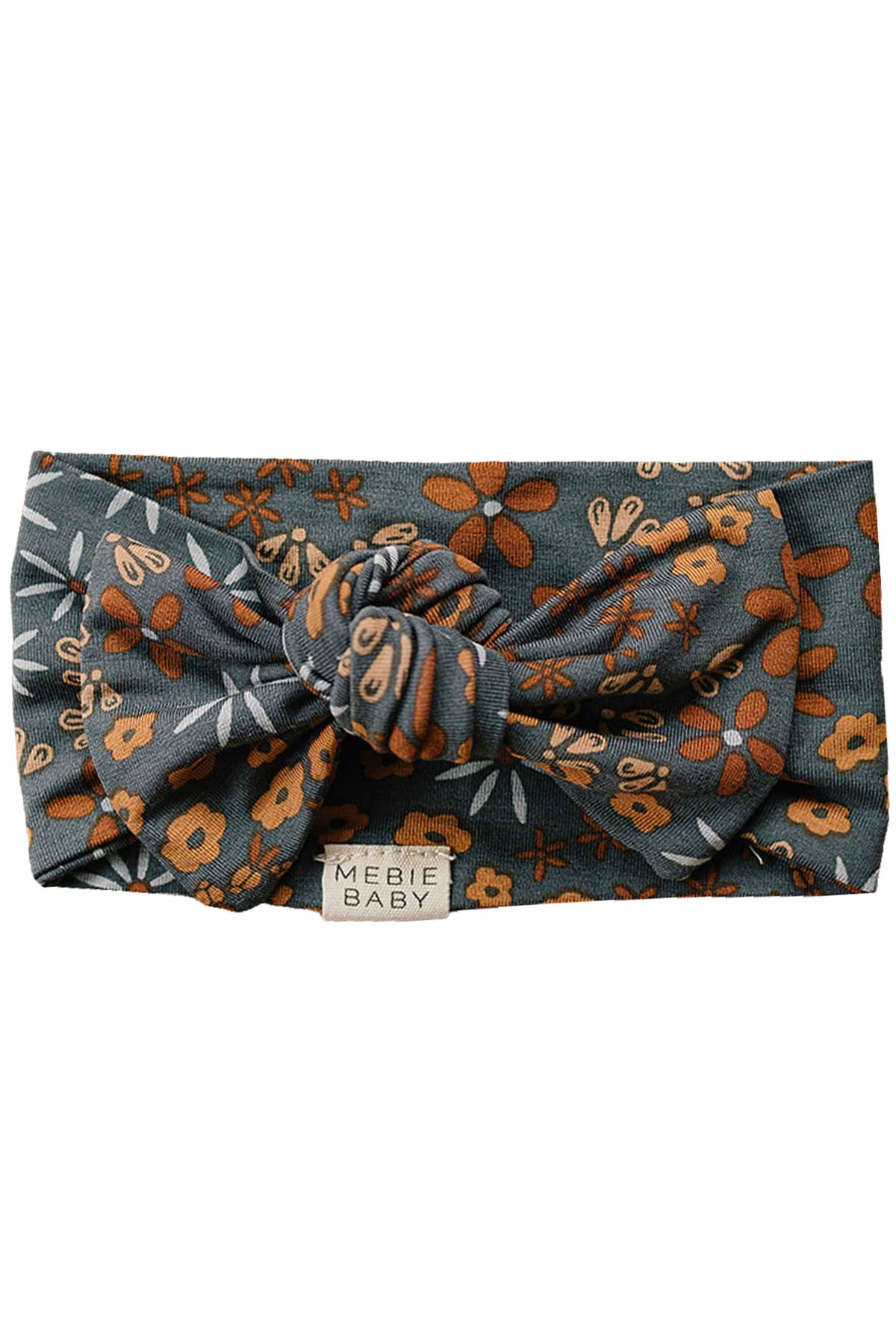Navy floral baby head wrap with brown flowers and a knotted design, made from soft bamboo fabric.