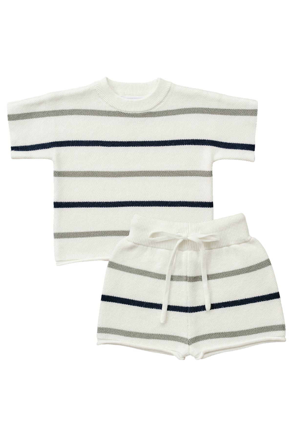 White knit baby set with sage and navy stripes, featuring a short-sleeved top and matching shorts with drawstring.