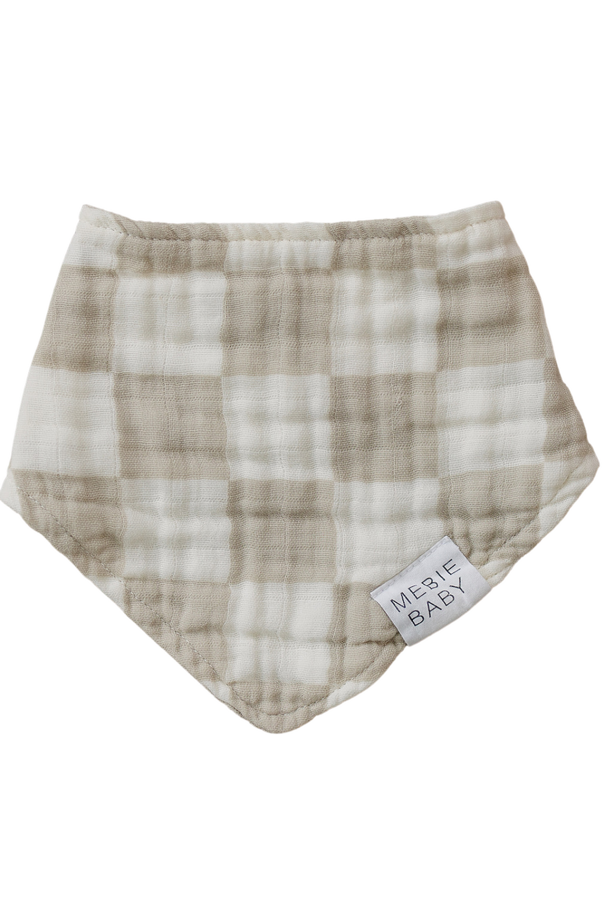 Taupe checkered muslin bib with Mebie Baby label, made of soft cotton fabric. Suitable for infants.
