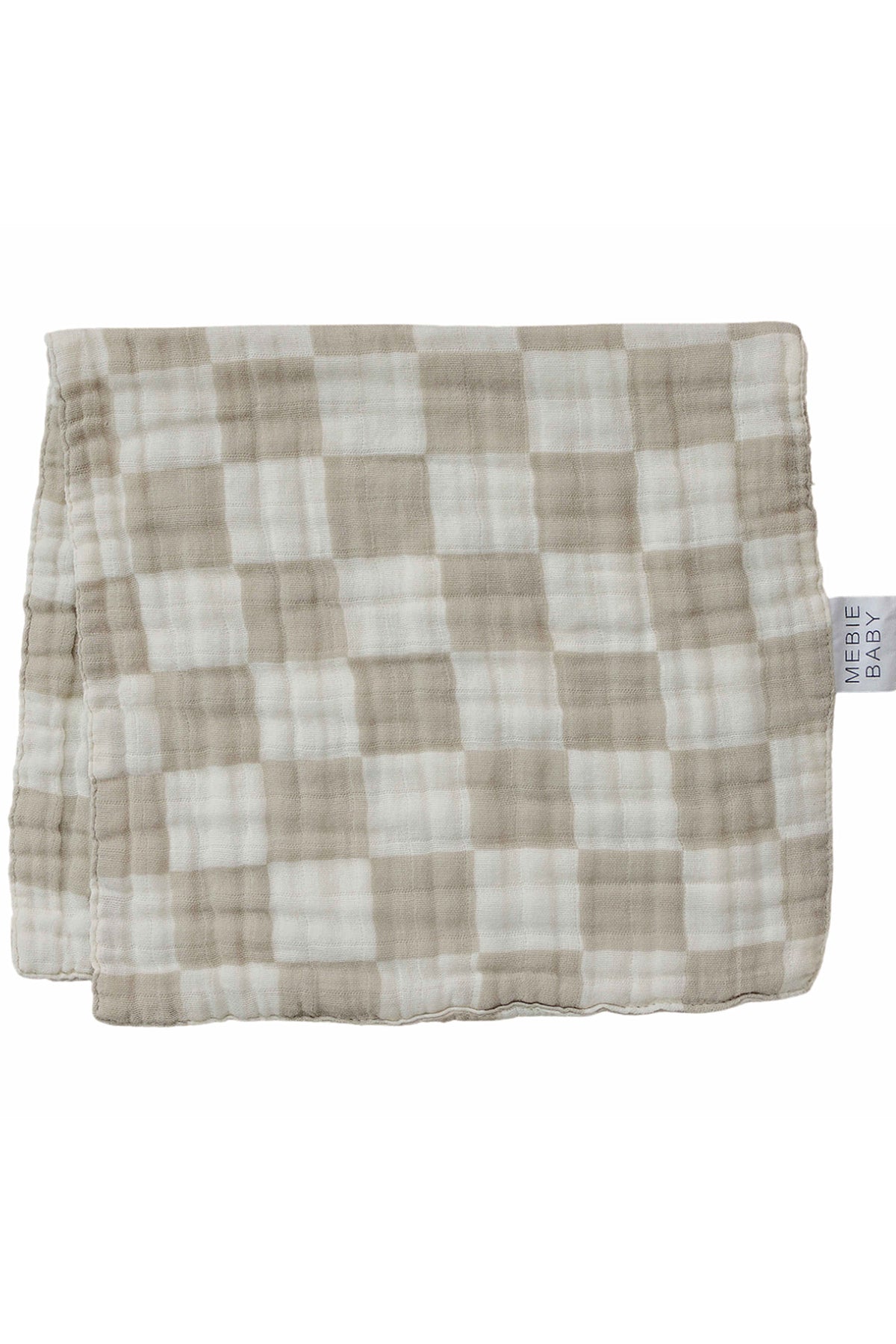Taupe checkered muslin burp cloth with a soft texture, featuring a Mebie Baby label on the side.