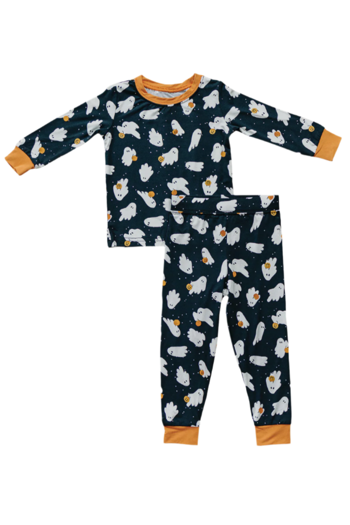 Navy pajama set with white ghost print and orange cuffs, made from bamboo fabric for kids.