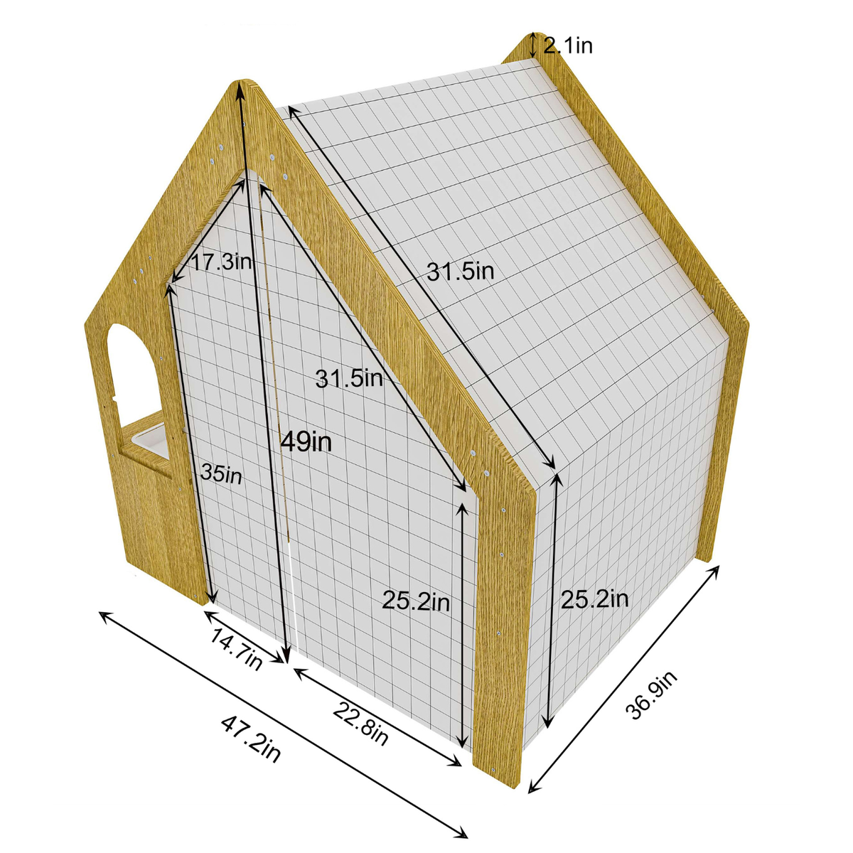A detailed illustration of a wooden playhouse, featuring a triangular roof and grid-patterned walls. The dimensions are labeled, showcasing its spacious design for imaginative play.