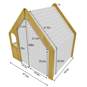 A detailed illustration of a wooden playhouse, featuring a triangular roof and grid-patterned walls. The dimensions are labeled, showcasing its spacious design for imaginative play.