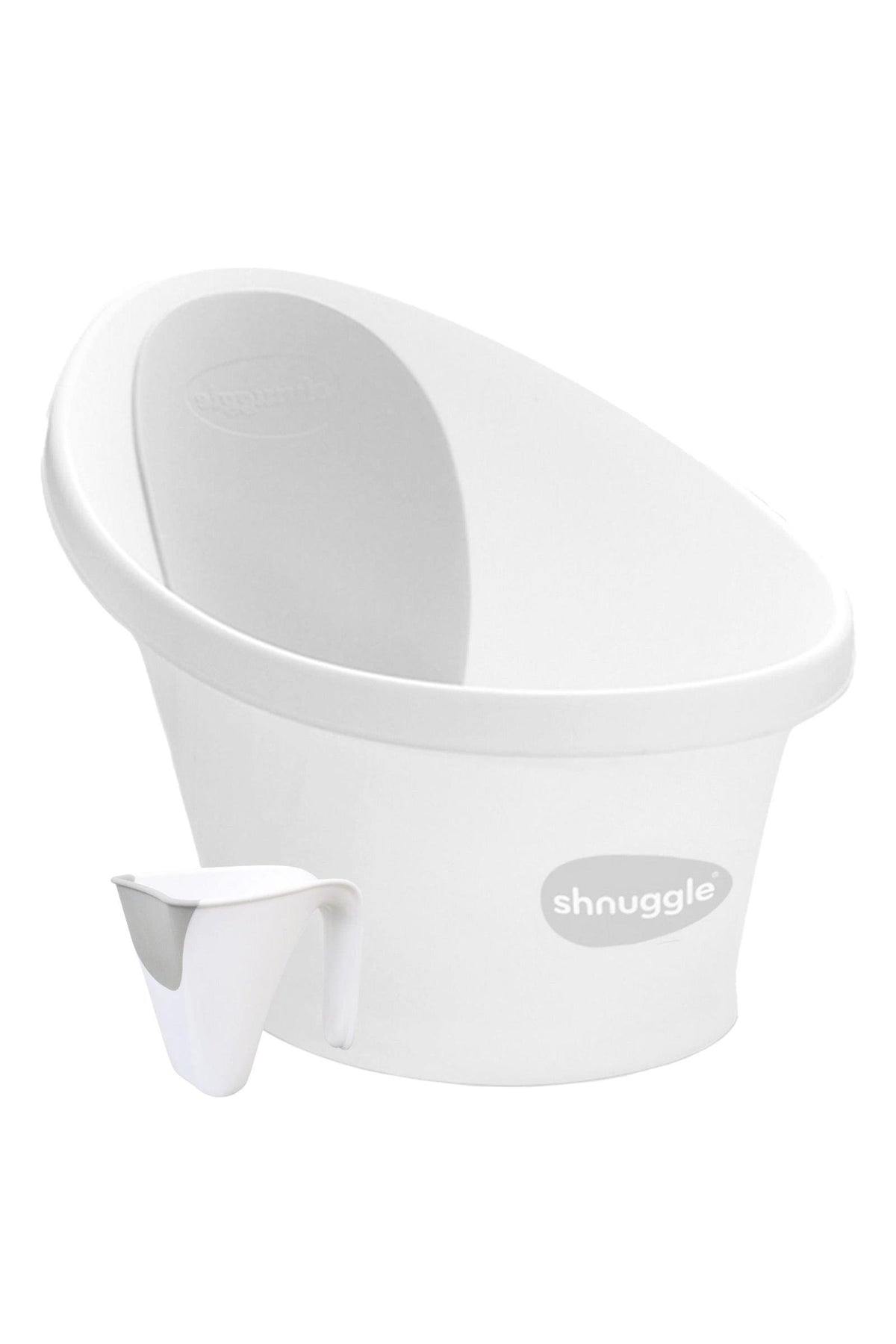 White Shnuggle baby bath with supportive backrest and matching rinse jug, designed for comfortable newborn bathing.