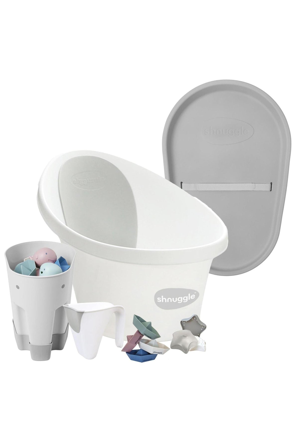 White Shnuggle baby bath set with accessories, including a bath support, toy boats, and a water jug.