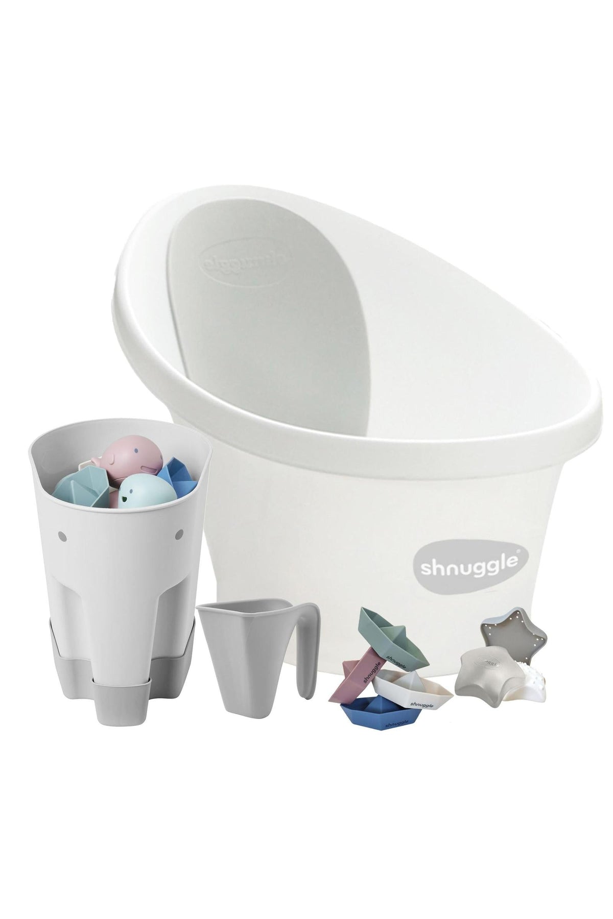 White Shnuggle baby bath set with toys, jug, and soft accessories. Features pastel colors and ergonomic design.