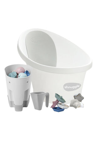White Shnuggle baby bath set with toys, jug, and soft accessories. Features pastel colors and ergonomic design.