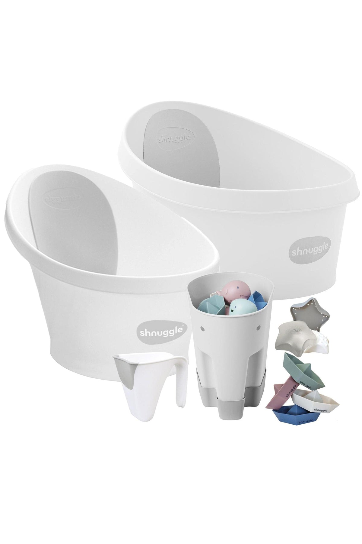 White Shnuggle bath set with baby tub, toddler bath, and accessories, including stacking cups and a star toy.