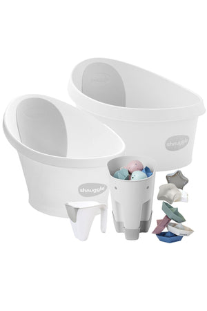 White Shnuggle bath set with baby tub, toddler bath, and accessories, including stacking cups and a star toy.