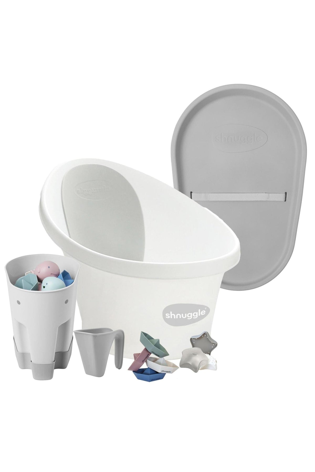 White Shnuggle baby bath set with gray changing mat, toy bucket, scoop, and colorful floating toys.