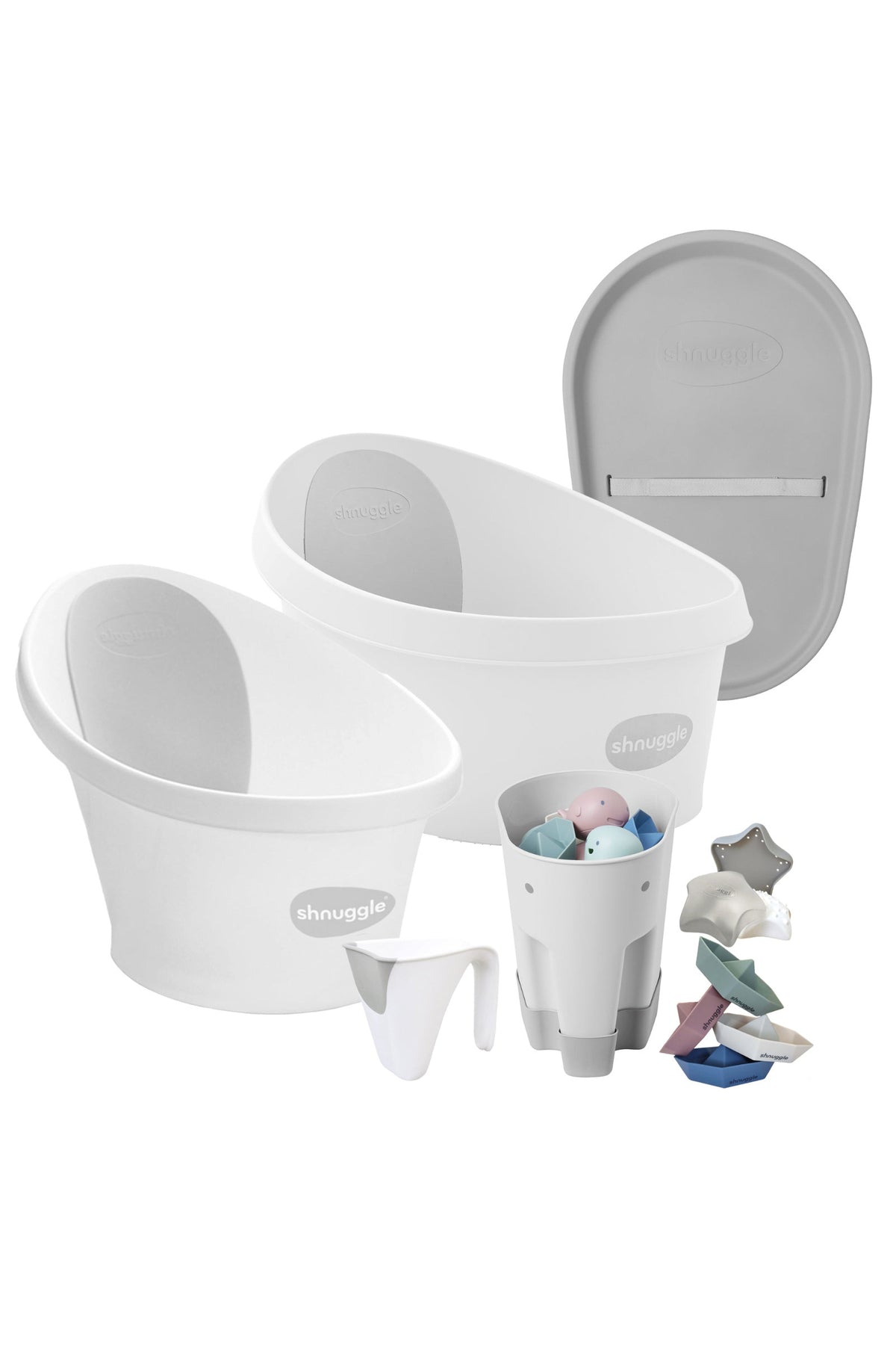 Shnuggle Growing Family Bath Time Bundle:  Baby & Toddler Baths + 7-Piece Set for Bath & Diaper Time