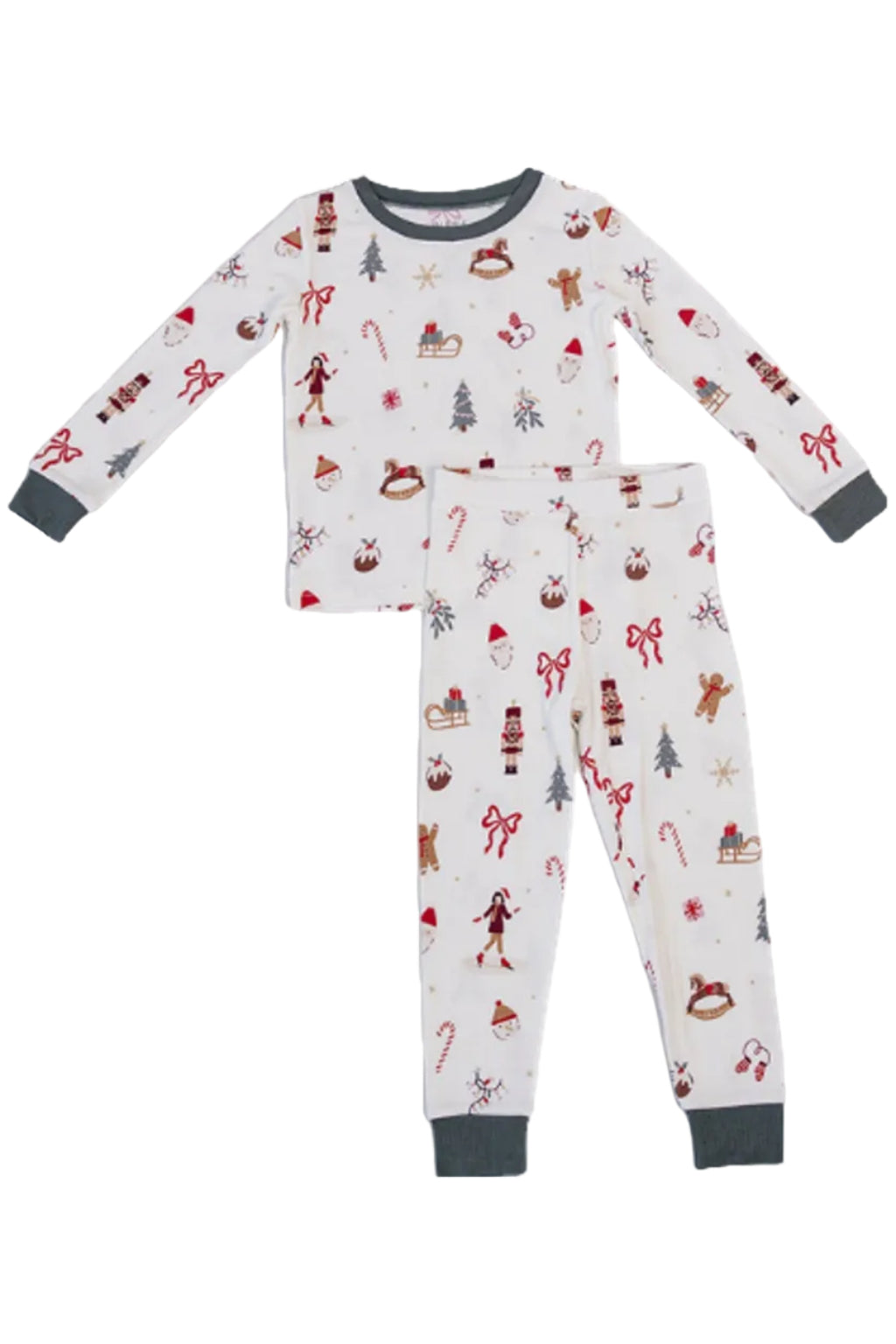 Cozy Merry & Bright ribbed bamboo pajama set featuring a festive holiday print with gingerbread men, candy canes, and Christmas trees. Ideal for family gatherings and cozy nights.