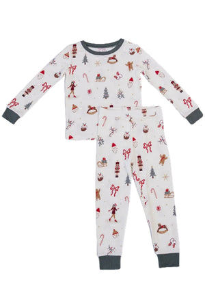 Cozy Merry & Bright ribbed bamboo pajama set featuring a festive holiday print with gingerbread men, candy canes, and Christmas trees. Ideal for family gatherings and cozy nights.