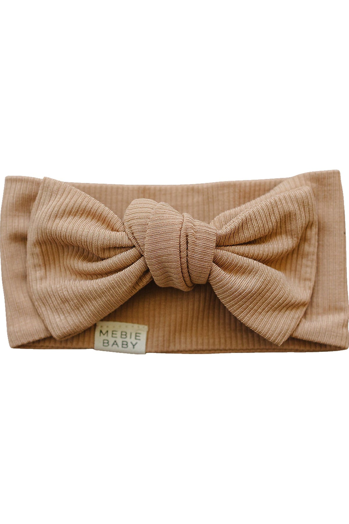 Latte-colored ribbed baby head wrap with a large bow, made from soft bamboo fabric by Mebie Baby.