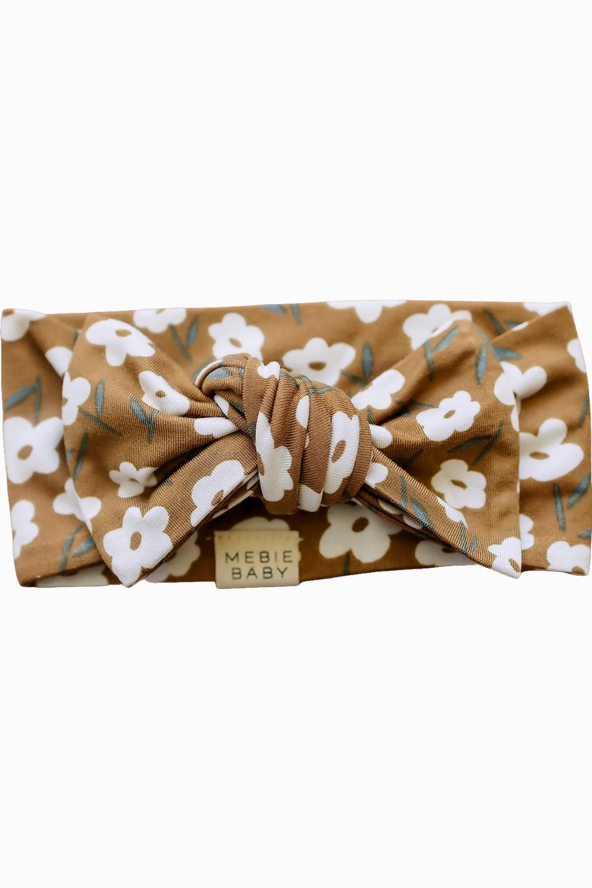 A mustard floral head wrap from Mebie Baby, featuring a bow design and soft bamboo fabric perfect for infants.