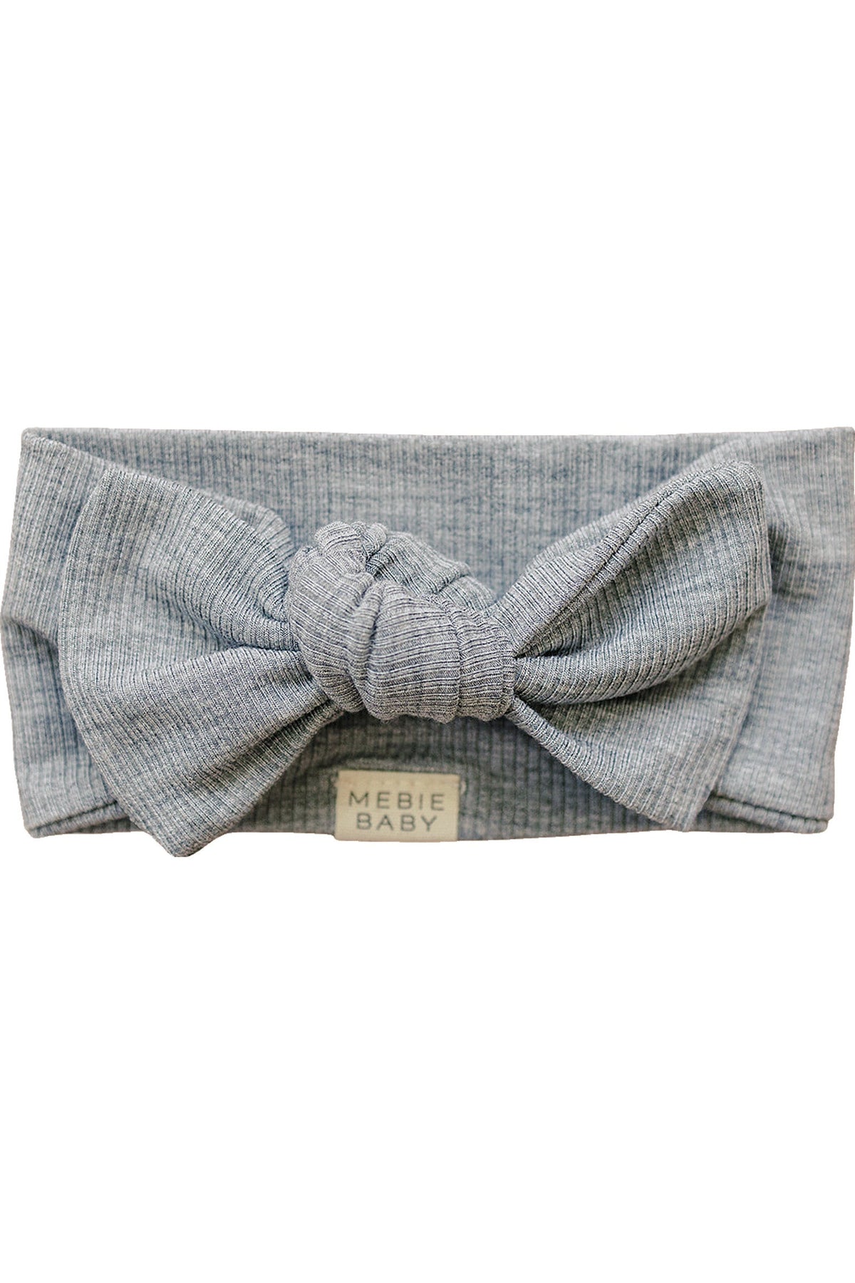 Heather grey ribbed head wrap with a bow, made from soft bamboo fabric. Features Mebie Baby label.