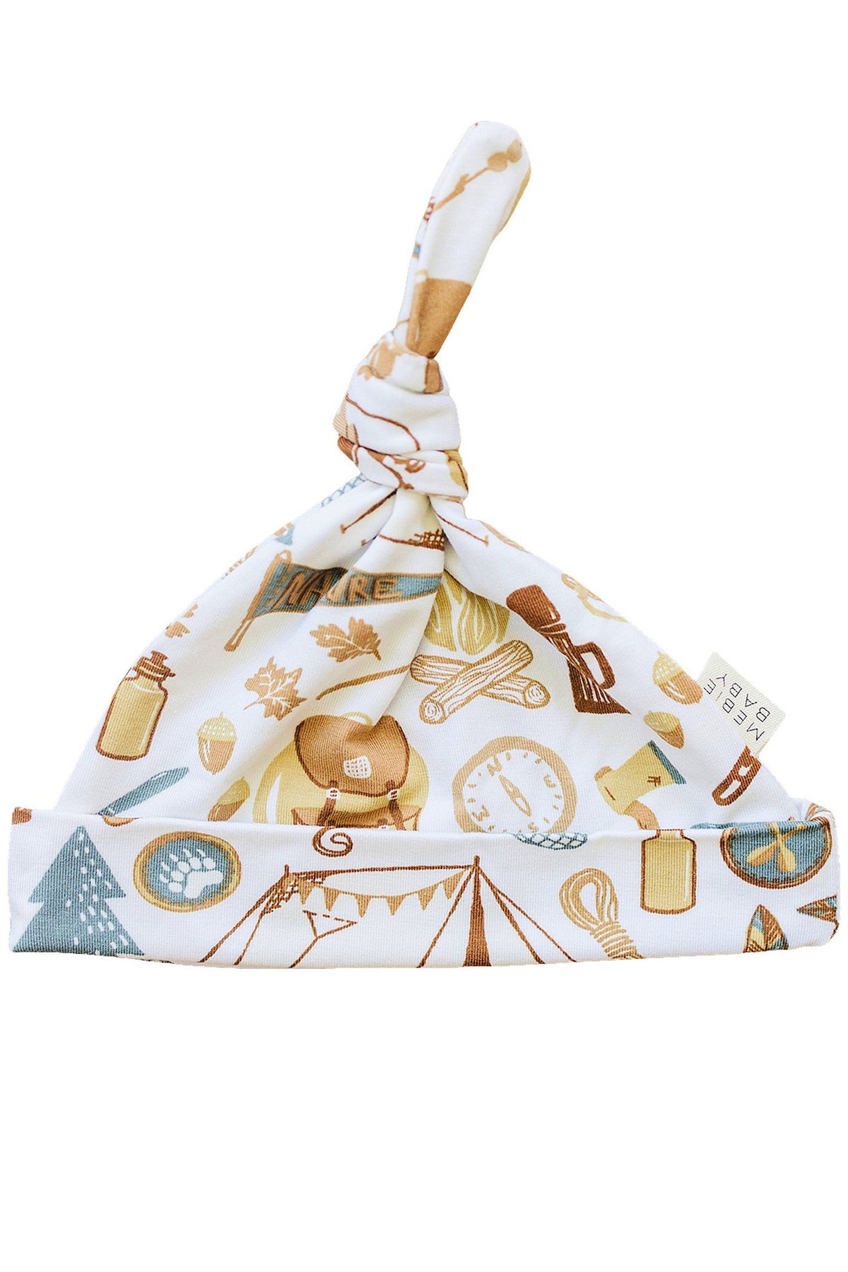 A soft bamboo newborn knot hat featuring a whimsical camping-themed print in warm colors, perfect for baby essentials.