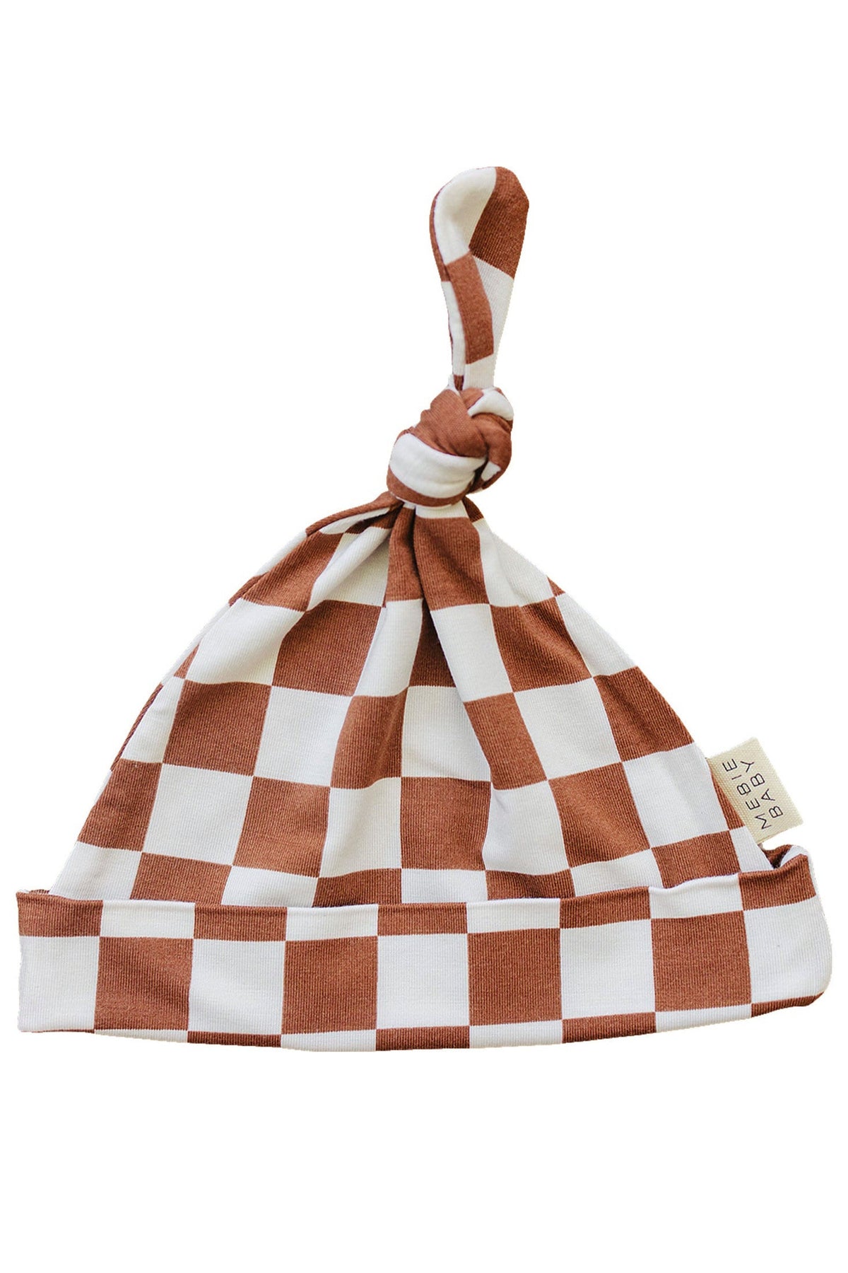 Rust checkered newborn knot hat made from soft bamboo fabric, featuring a playful design. This gender-neutral accessory is perfect for newborns, ensuring comfort and style for your little one.