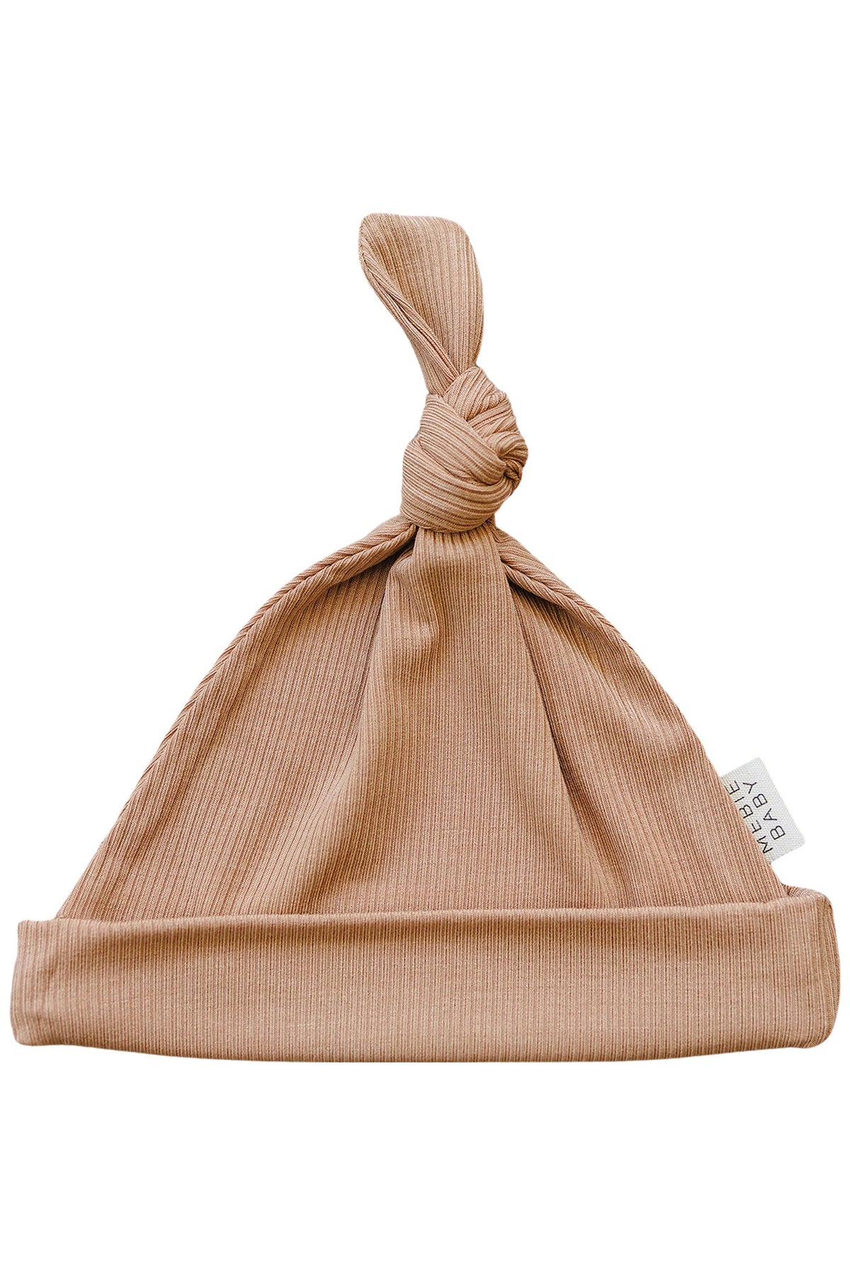 Latte-colored ribbed newborn knot hat made of soft bamboo fabric with a folded brim and Mebie Baby label.