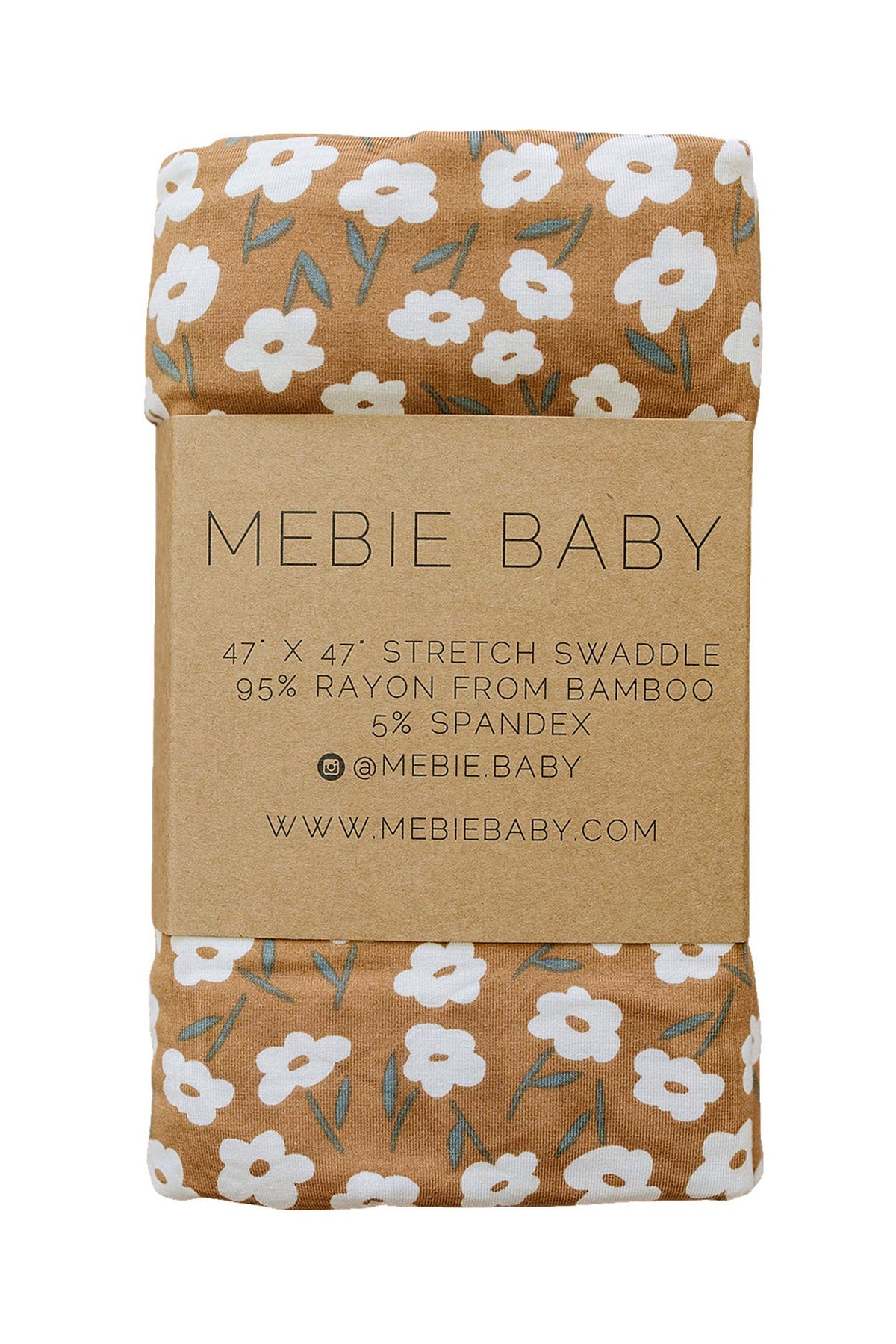 Mebie Baby mustard floral stretch swaddle blanket with white flowers, made from bamboo rayon and spandex.