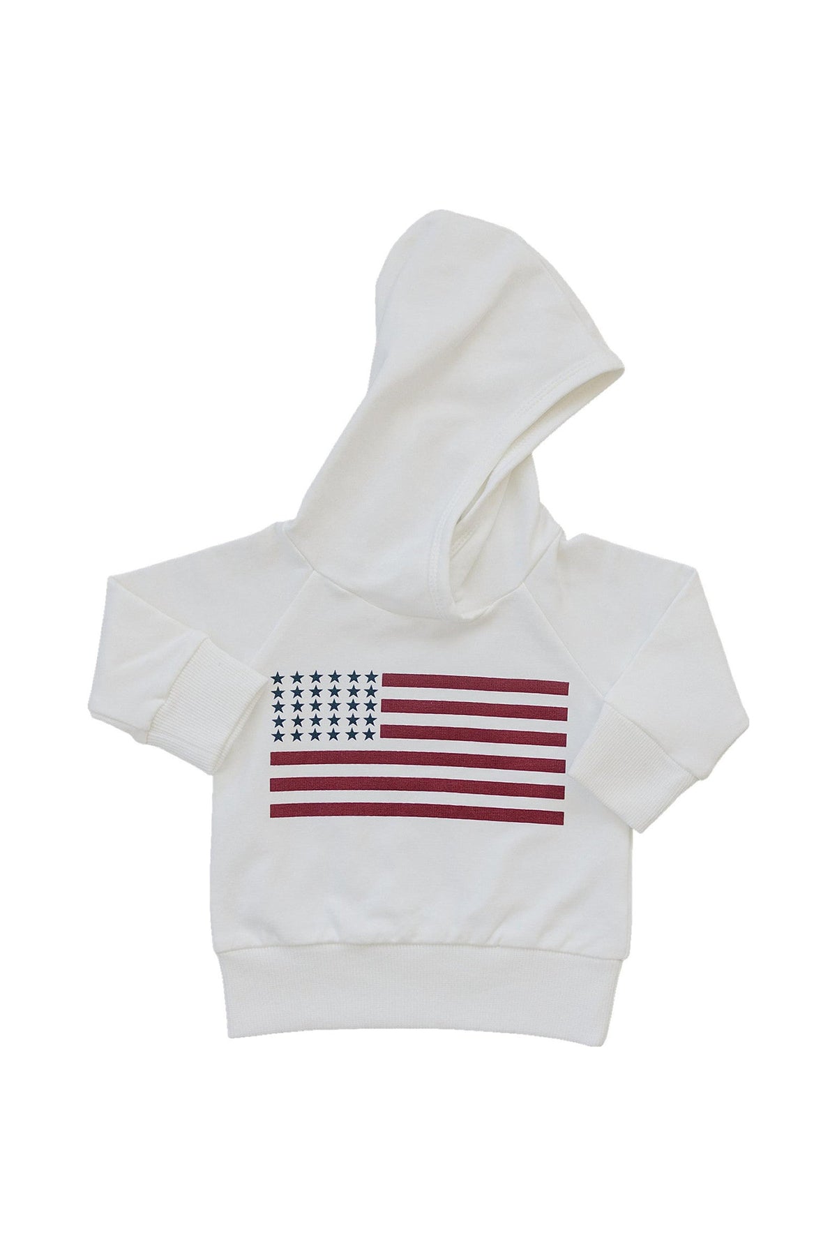 White hooded sweatshirt featuring an American flag graphic, suitable for babies and toddlers. Made from soft cotton fabric.