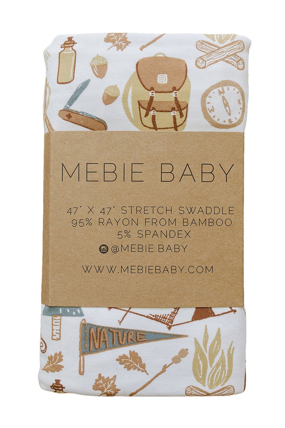 Mebie Baby swaddle blanket features camping-themed illustrations on white fabric, made from 95% bamboo rayon.