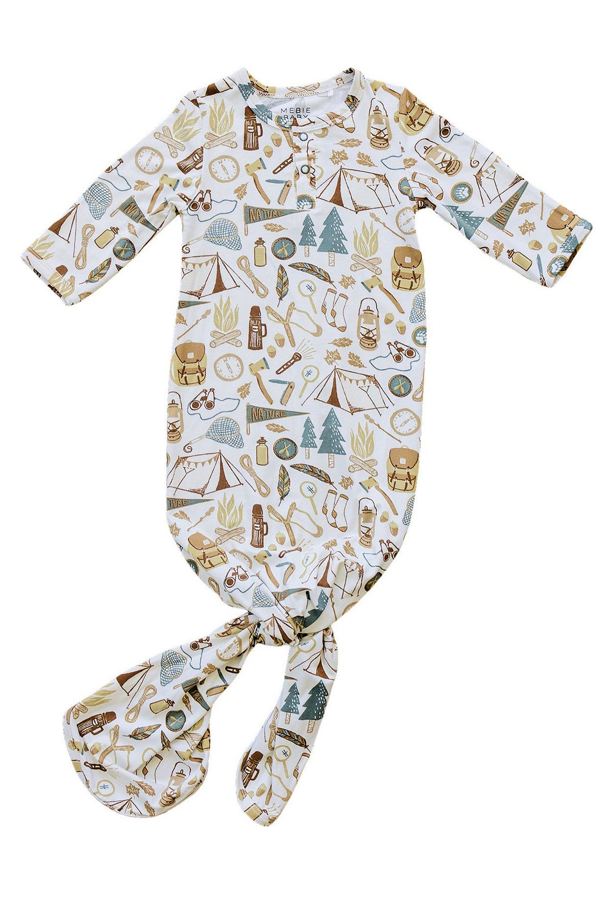 Gender-neutral baby knot gown featuring a camping pattern in soft bamboo rayon, ideal for ages 0-3 months.