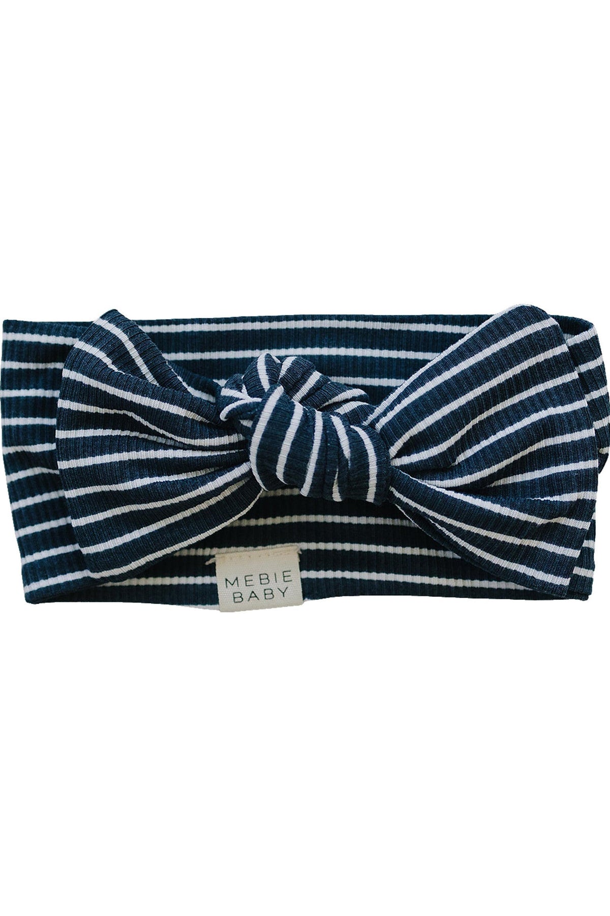 Navy and white striped ribbed head wrap with a bow, featuring a Mebie Baby tag, made from bamboo.