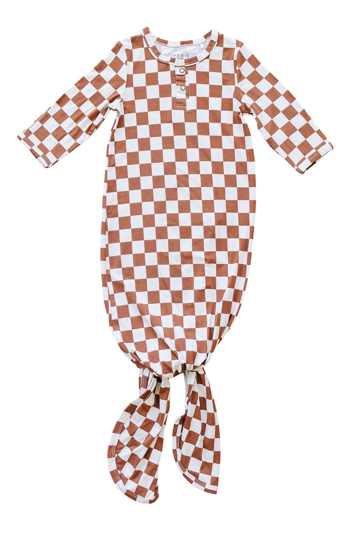 Rust checkered knot gown made of soft bamboo fabric, featuring long sleeves and a tie at the bottom.
