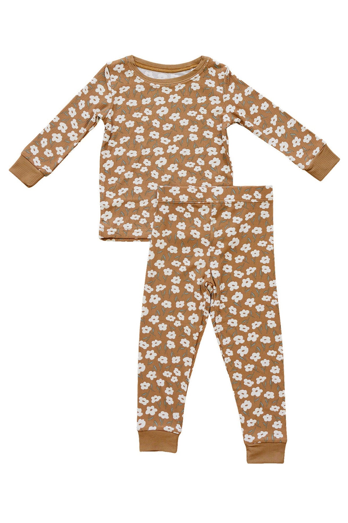 Mustard floral pajama set featuring a long-sleeve top and matching pants made from soft, breathable bamboo fabric.
