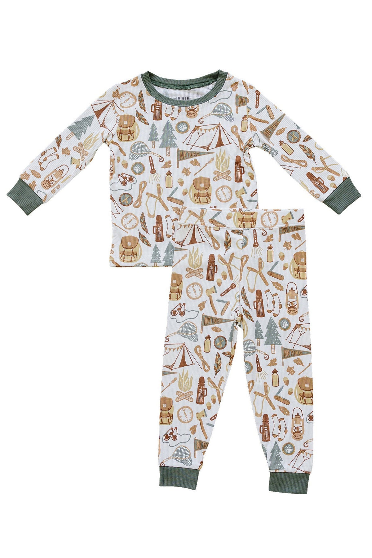 Mebie Baby pajama set featuring camping-themed designs on white fabric with green cuffs, suitable for kids.