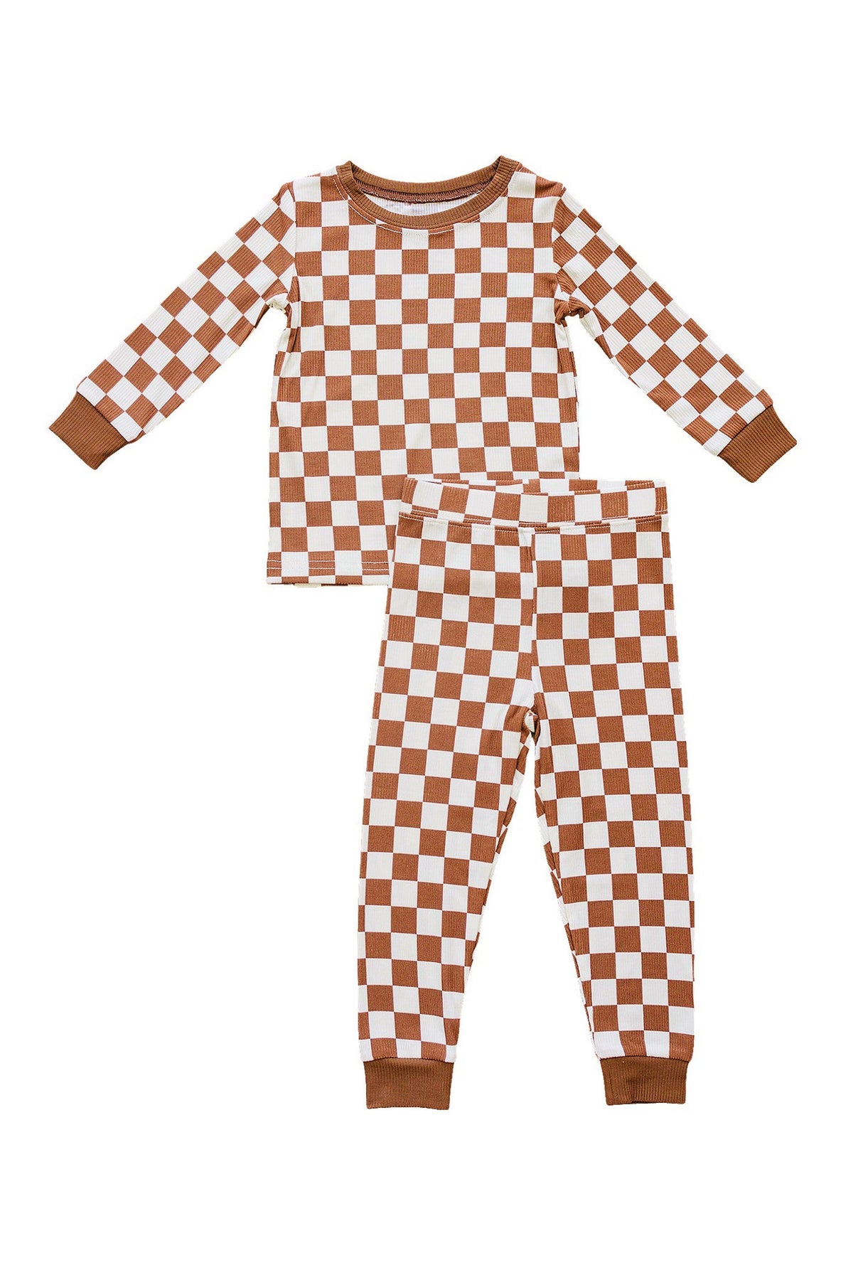 Rust checkered pajama set for kids, featuring a long-sleeve top and matching pants, made from soft ribbed fabric.