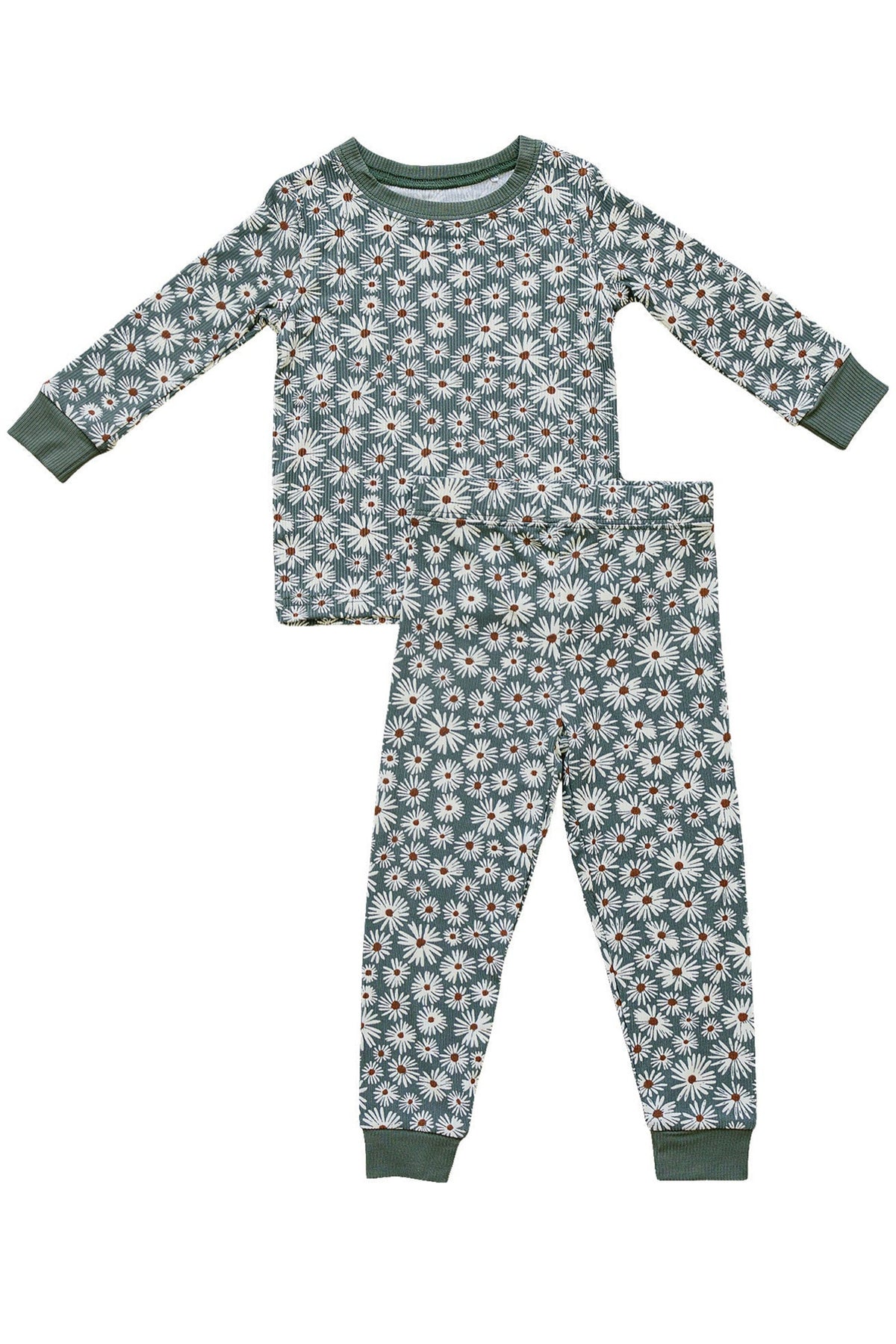 Mebie Baby  Dark Green Daisy Ribbed Cozy Pajama Set | Bamboo  | Baby Essentials