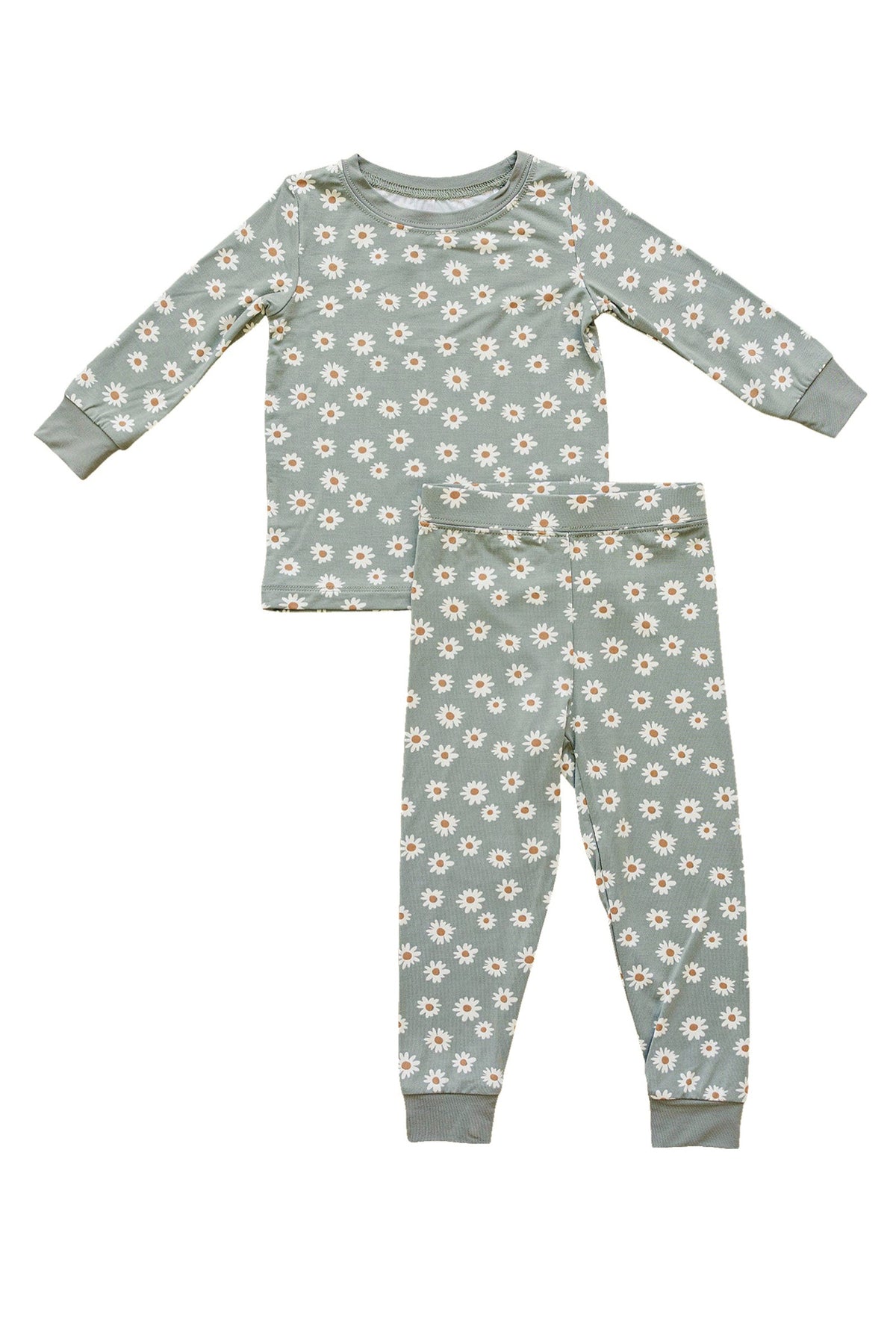 Light green pajama set with white daisy pattern, made from bamboo fabric, suitable for babies and toddlers.