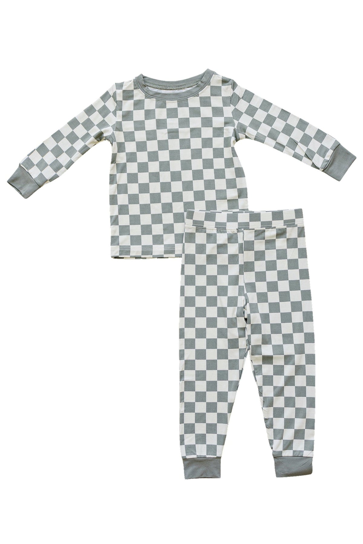 Light green checkered pajama set with long sleeves and pants, featuring ribbed cuffs, made from soft bamboo fabric.