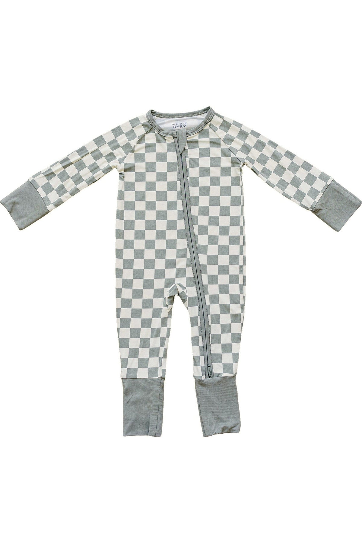 Light green checkered baby pajamas with gray cuffs and a double zipper, made from soft bamboo fabric.