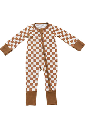 Rust Checkered Ribbed Zipper Pajama | Bamboo  | Baby Essentials